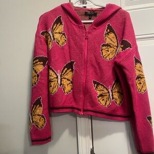 Y2K Style Buckle Witty Fox Sweater Hoodie Hot Pink Butterfly S Knit Cardigan